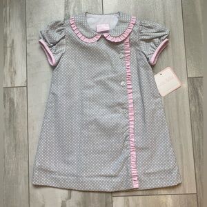 NWT Petit Bebe by Anavini Gray Polka Dot Float Dress with Pink Check Ruffle, 2